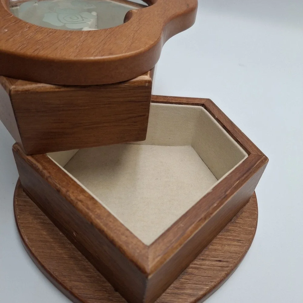 Vintage Jewelry Box Wood Heart Shaped Two Tier Swivel Glass Etched Floral Top